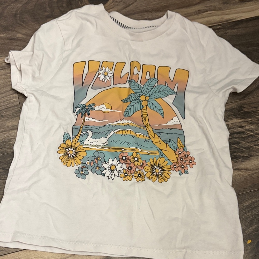 Volcom White Tee with Sunset and Floral Design